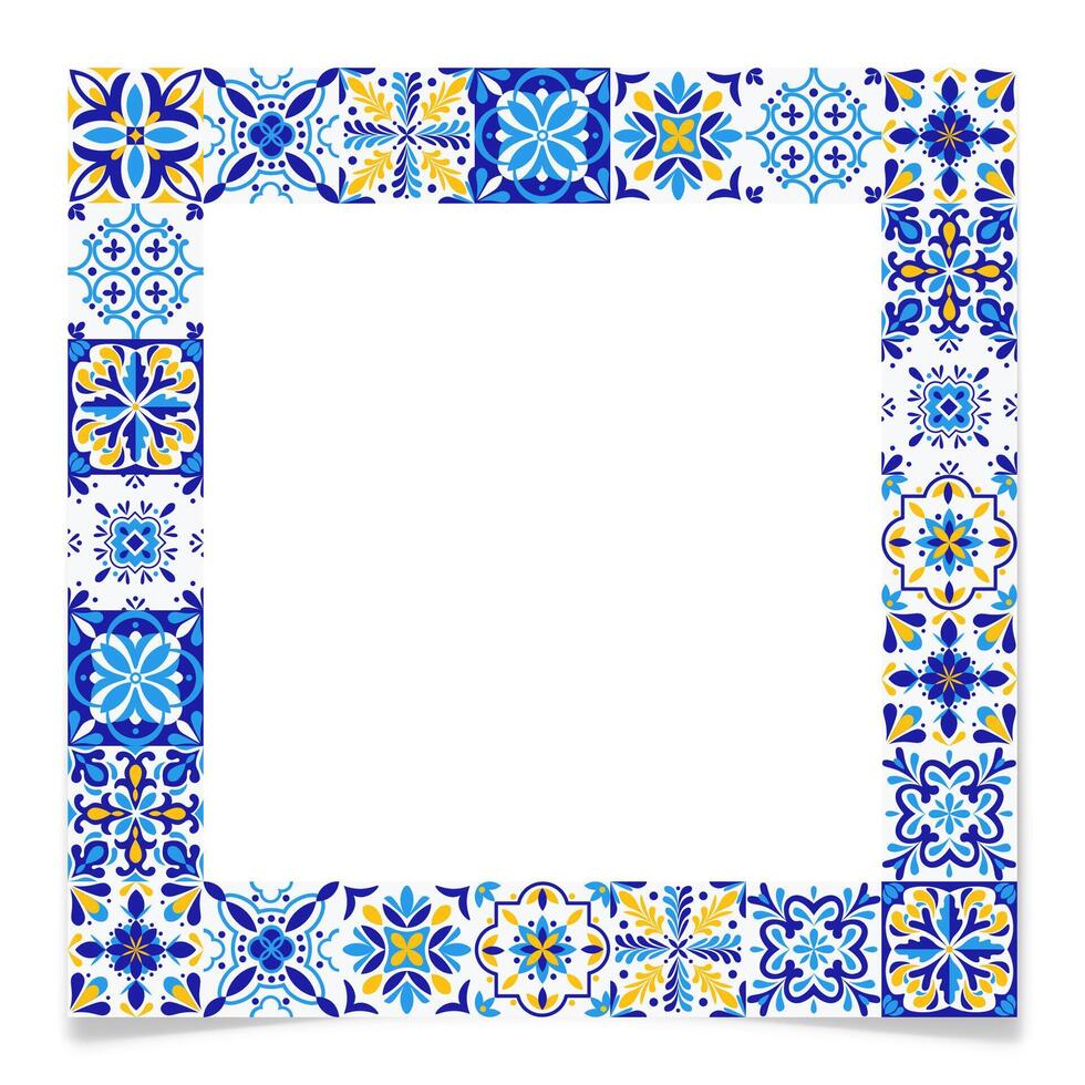 Frame with blue tiles, mediterranean style, vector