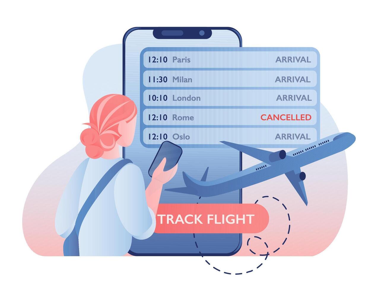 Mobile flight tracking app, girl with phone vector