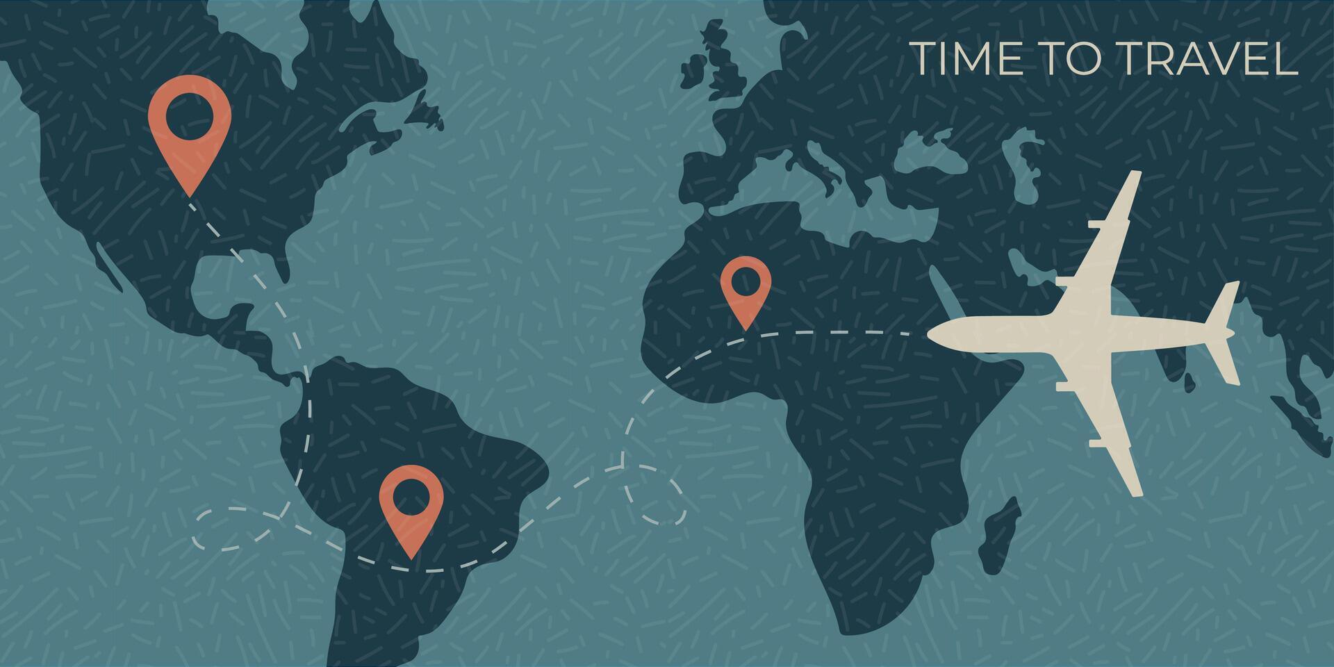 White plane flying above the world map. Hand drawn vector