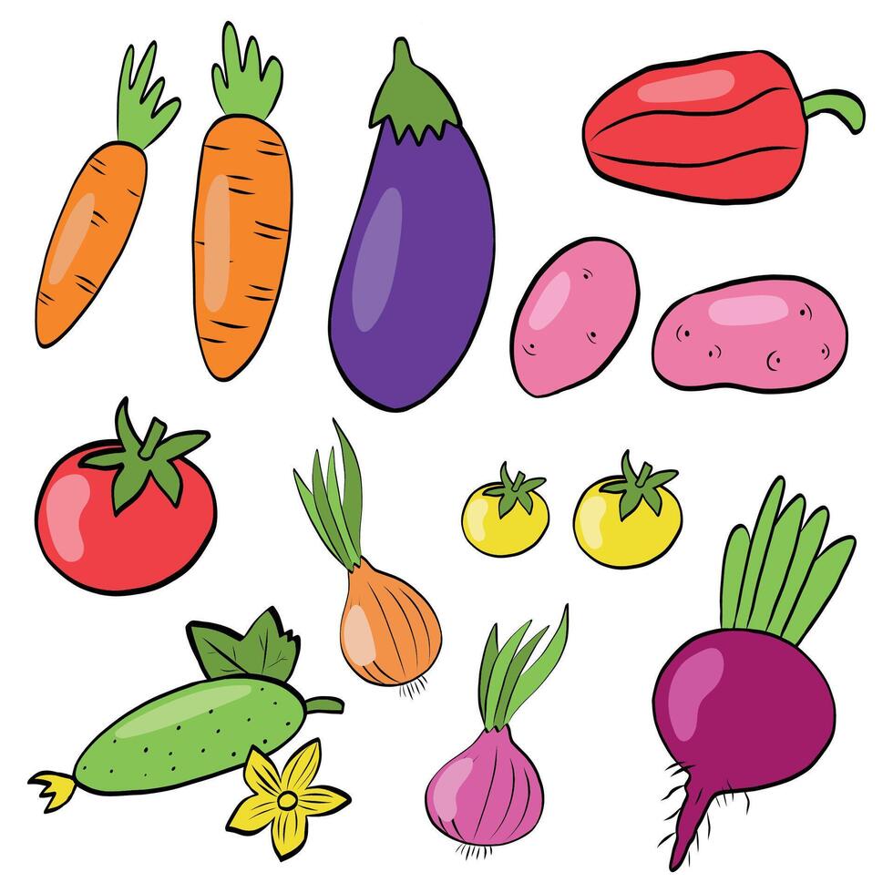 Hand drawn vegetables icons set in cartoon style. Collection farm product for restaurant menu, market label. vector