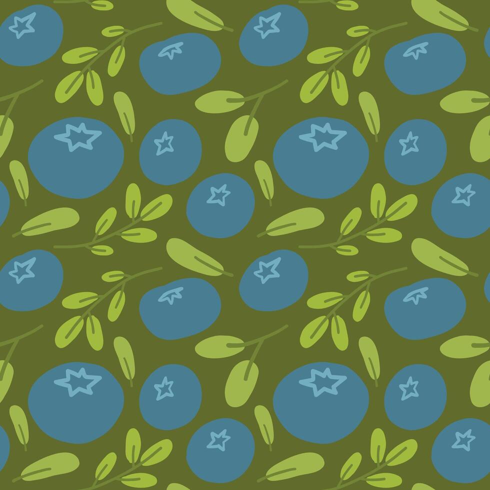 Seamless pattern of blue blueberries and green leaves on a green background, vibrant and fresh vector