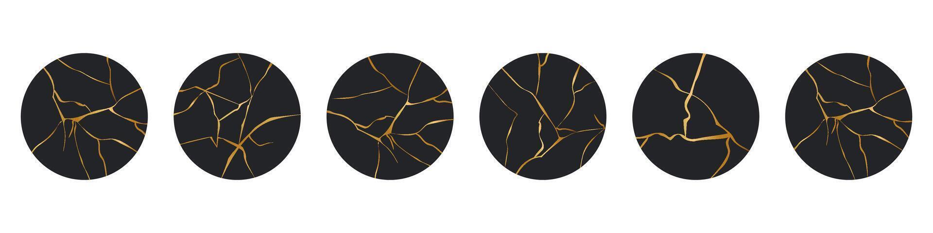 Highlight cover circle Kintsugi gold simple break lines, asian geaometric crackle. Social media frame surface with crack print, effect. Moderm cover golden broken texture. vector
