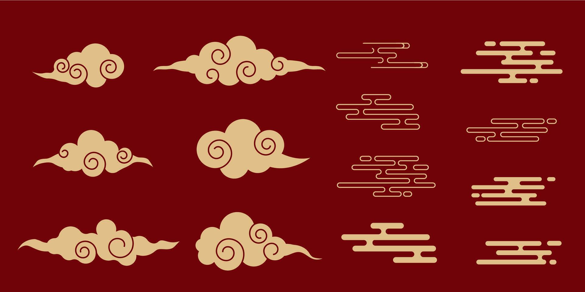 Japanese cloud set, asian traditional wavy curly ornament. China ornament, eastern decoration doodle, line. Clouds flow with the wind in the sky . vector