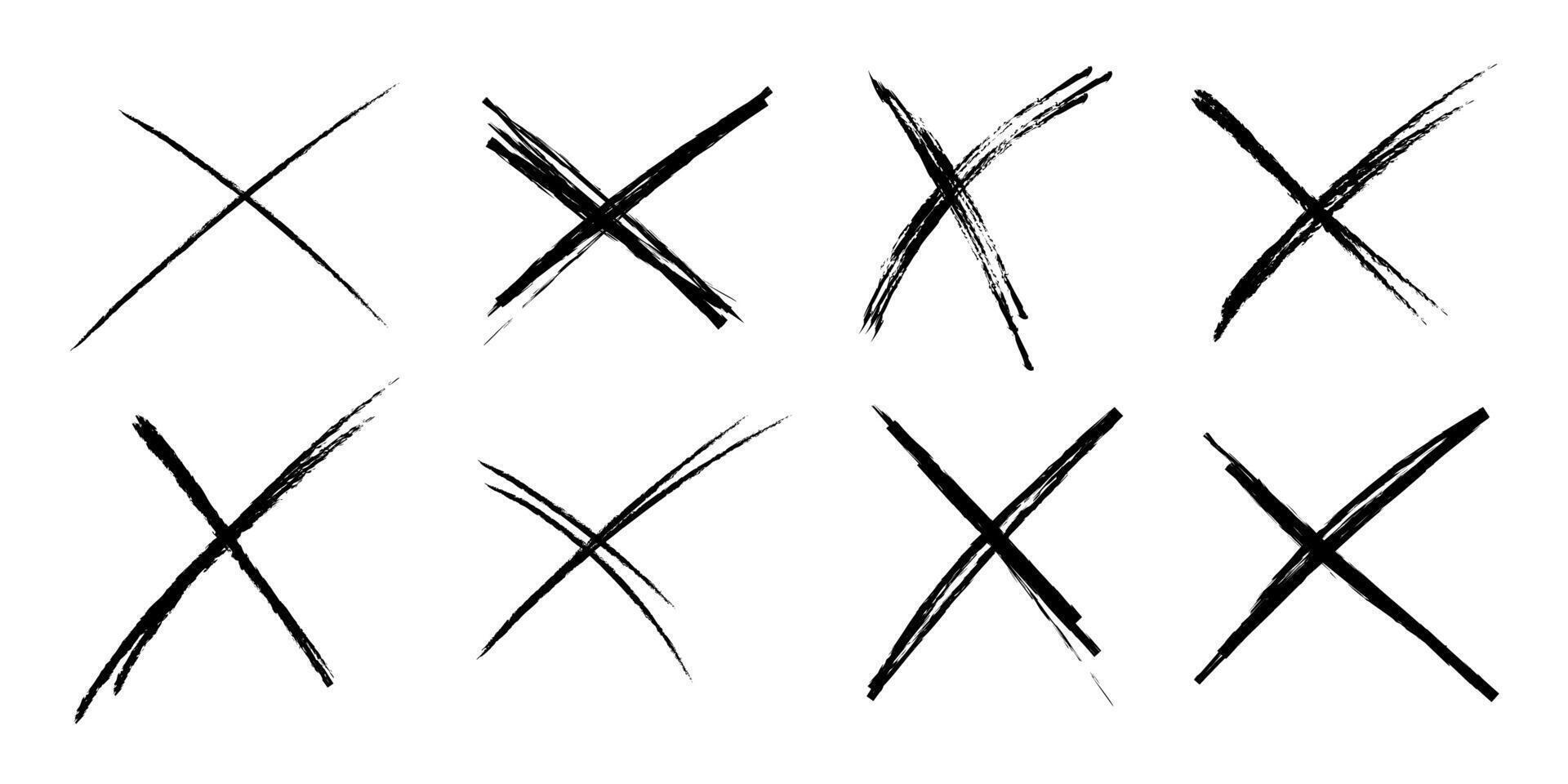 Cross sketch grunge scribble set X shape sign, mark on white background. Strikethrough textured brush charcoal or marker hand drawn lines. vector