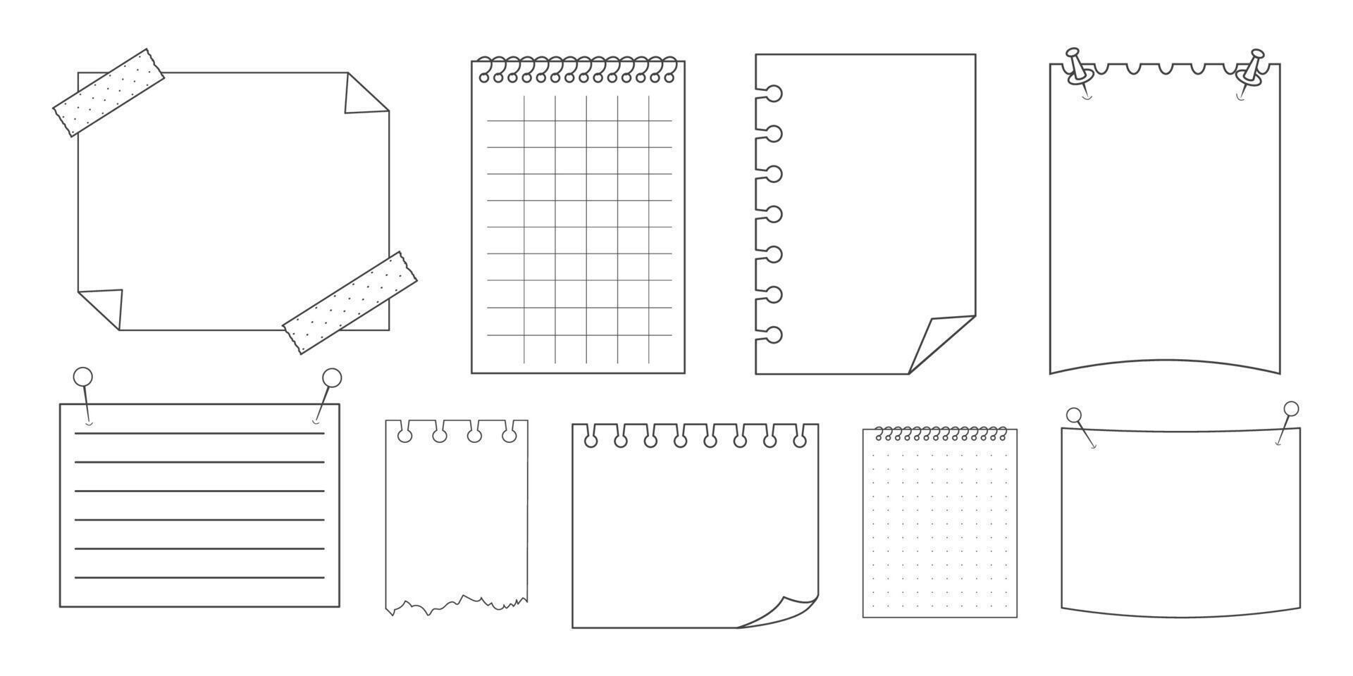 Memo sticky note reminder sheet paper. Doodle paper frame, check list with pin, tape, paperclip elements. Set cute notes, office or school messages. vector