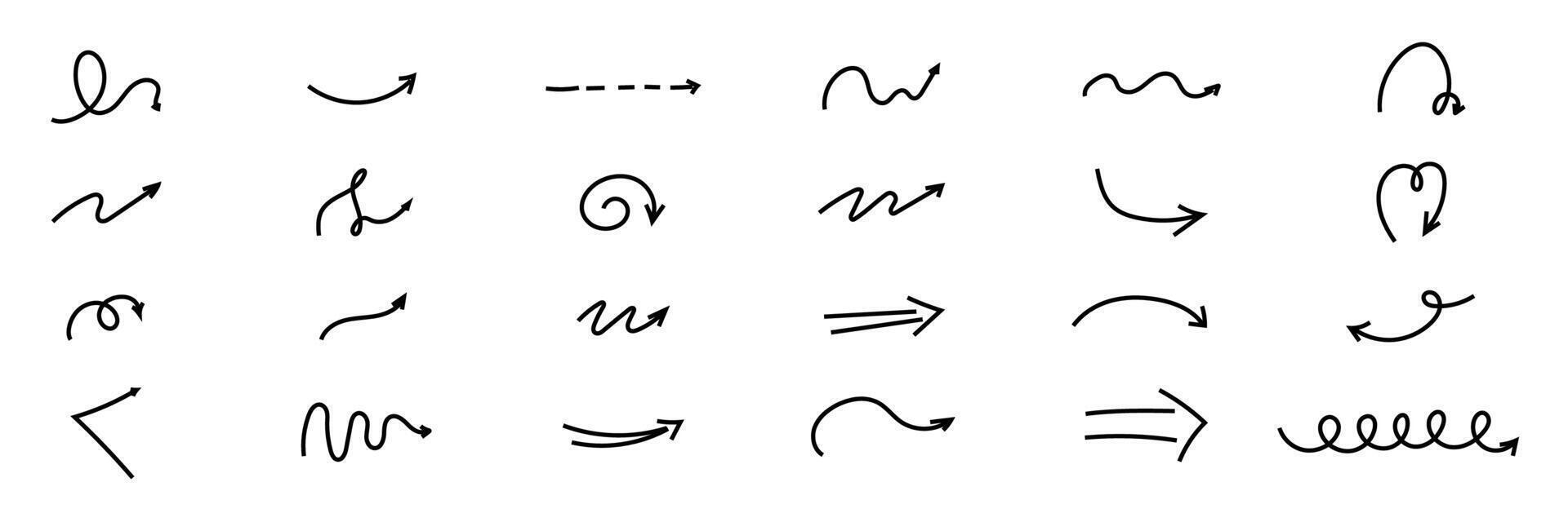 Spiral arrow doodle, wavy twist minimal squiggly line set. Curve comic turn way direction. Playful quirky simple free hand elements. vector