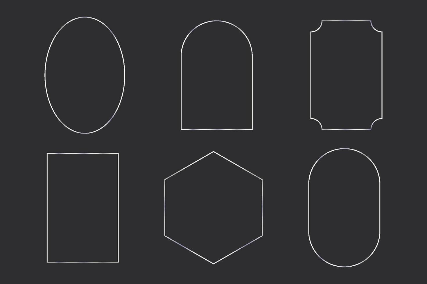 Thinline silver elegant frame. Minimal shine Art Deco metallic border. Minimal arch decoration window or door, collection isolated on dark background. vector