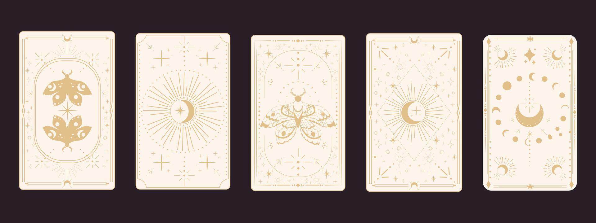 Tarot reverce border magic sacred cover card frame gold line border celelstial mystery esoteric decoration with moth stars and moon on dark background. vector