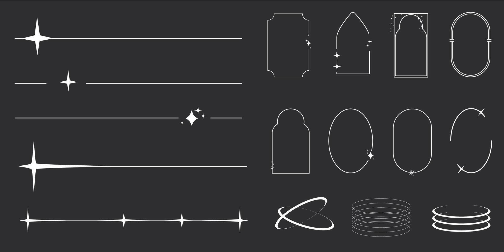 Set of y2k minimal geometric shapes thin line rings, abstract aesthetic element illustrated for banners, social media, poster design, sticker. Trendy design with frame, sparkles, star, lines vector