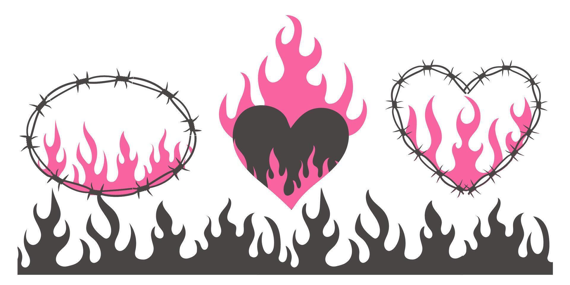 Set Wire Barb pink heart, oval frame y2k tattoo border, flame silhouette gothic spiky punk print neo tribal isolated on white background. Barbwire emo boundary heart shape. vector