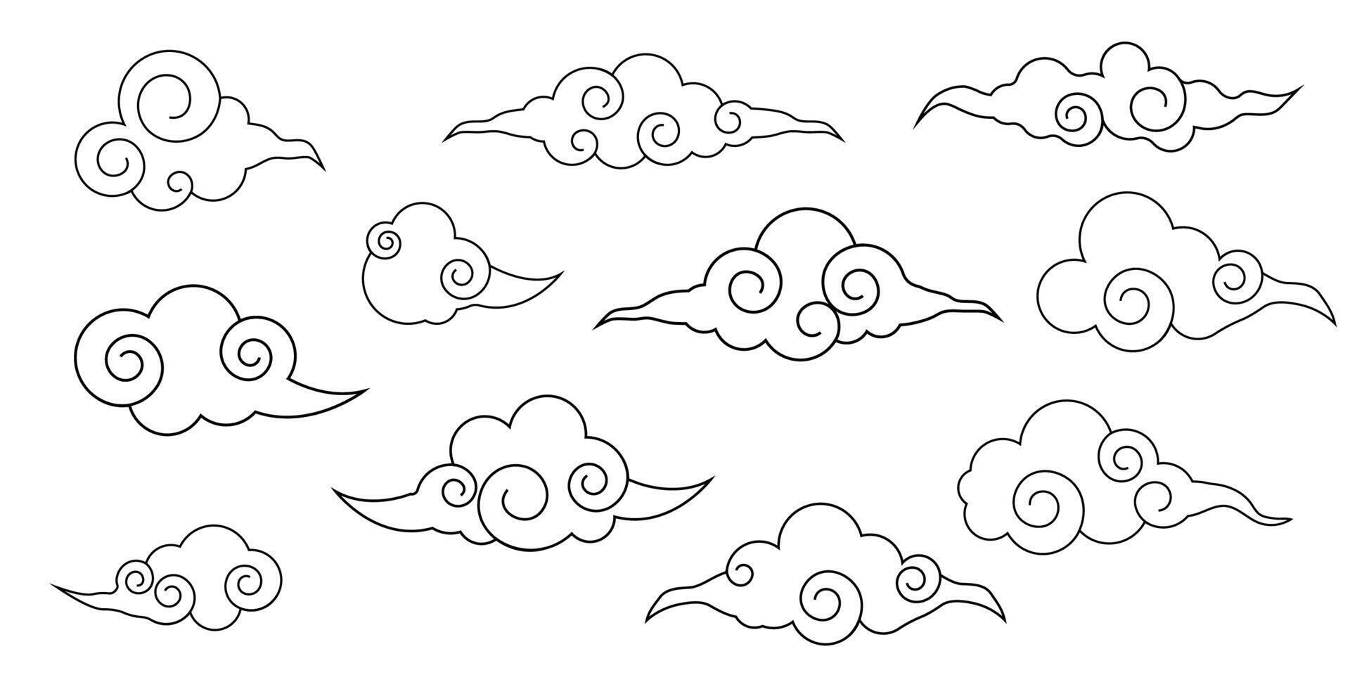 Japanese cloud set, asian traditional wavy curly ornament. China ornament, eastern decoration doodle, line. Clouds flow with the wind in the sky . vector