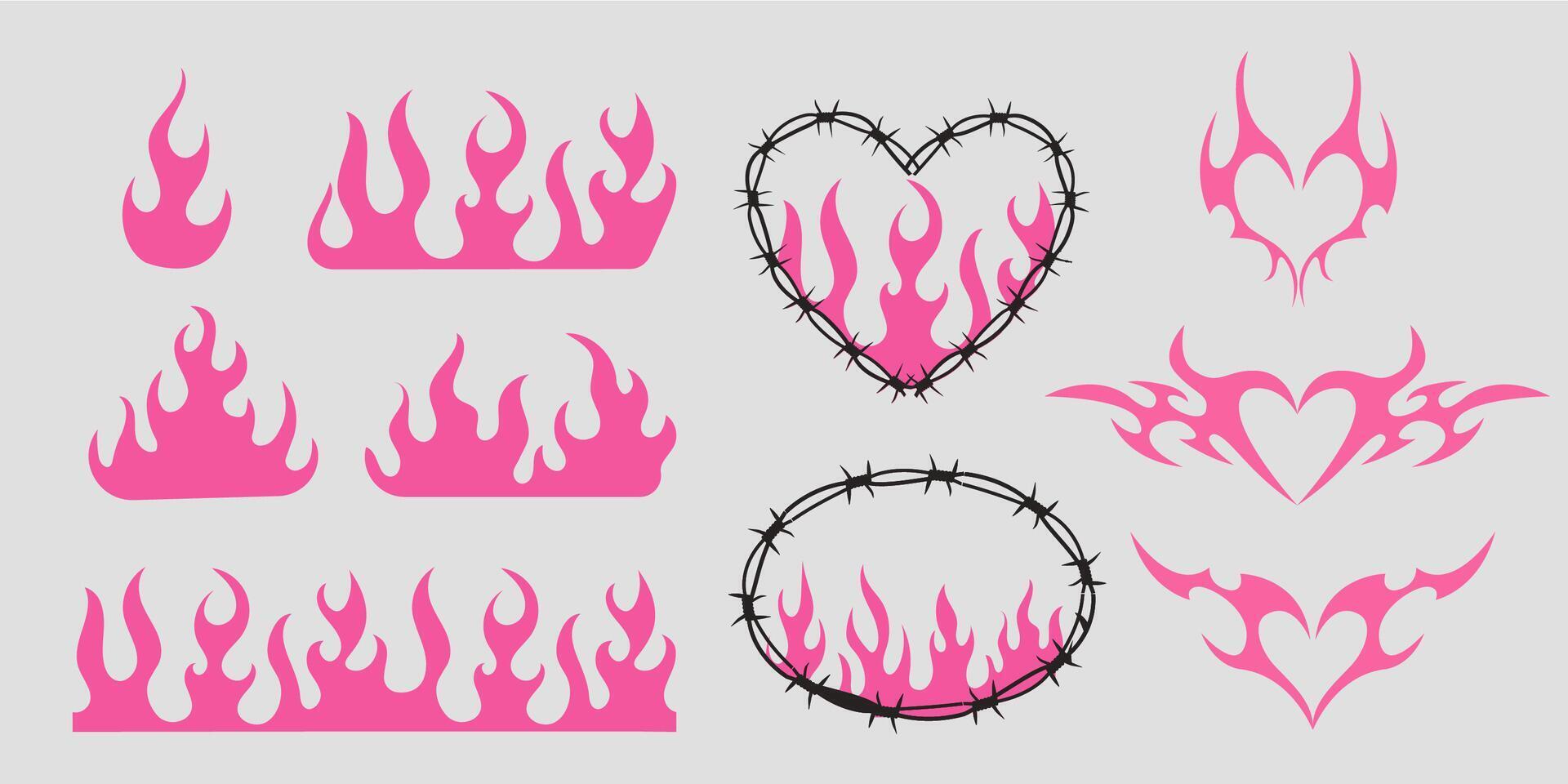 Neo tribal pink emo heart, wings and flame y2k aesthetic tattoo gothic, fire or wings abstract silhouette isolated on background. Divider, border, cyber body ornament, neotribal web goth decoration vector