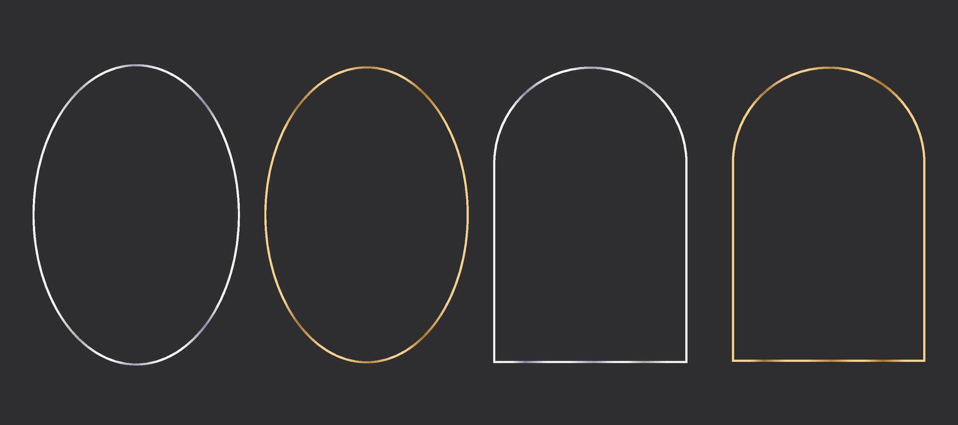 Thinline silver and gold elegant frame set. Minimal shine Art Deco metallic border. Arch decoration window or door, collection isolated on dark background vector