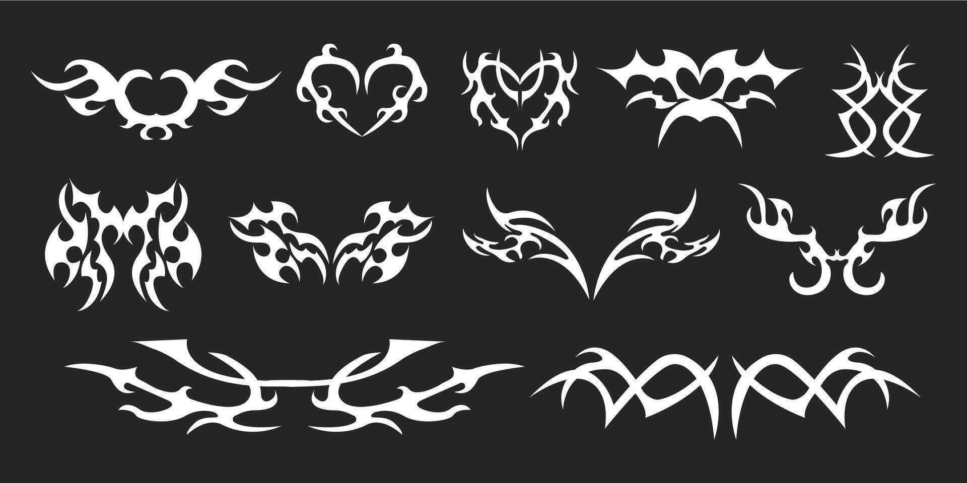 Set Neotribal y2k aesthetic tattoo gothic cover, flame or wings abstract silhouette isolated on background. Divider, border, cyber body ornament, neotribal web goth decoration vector