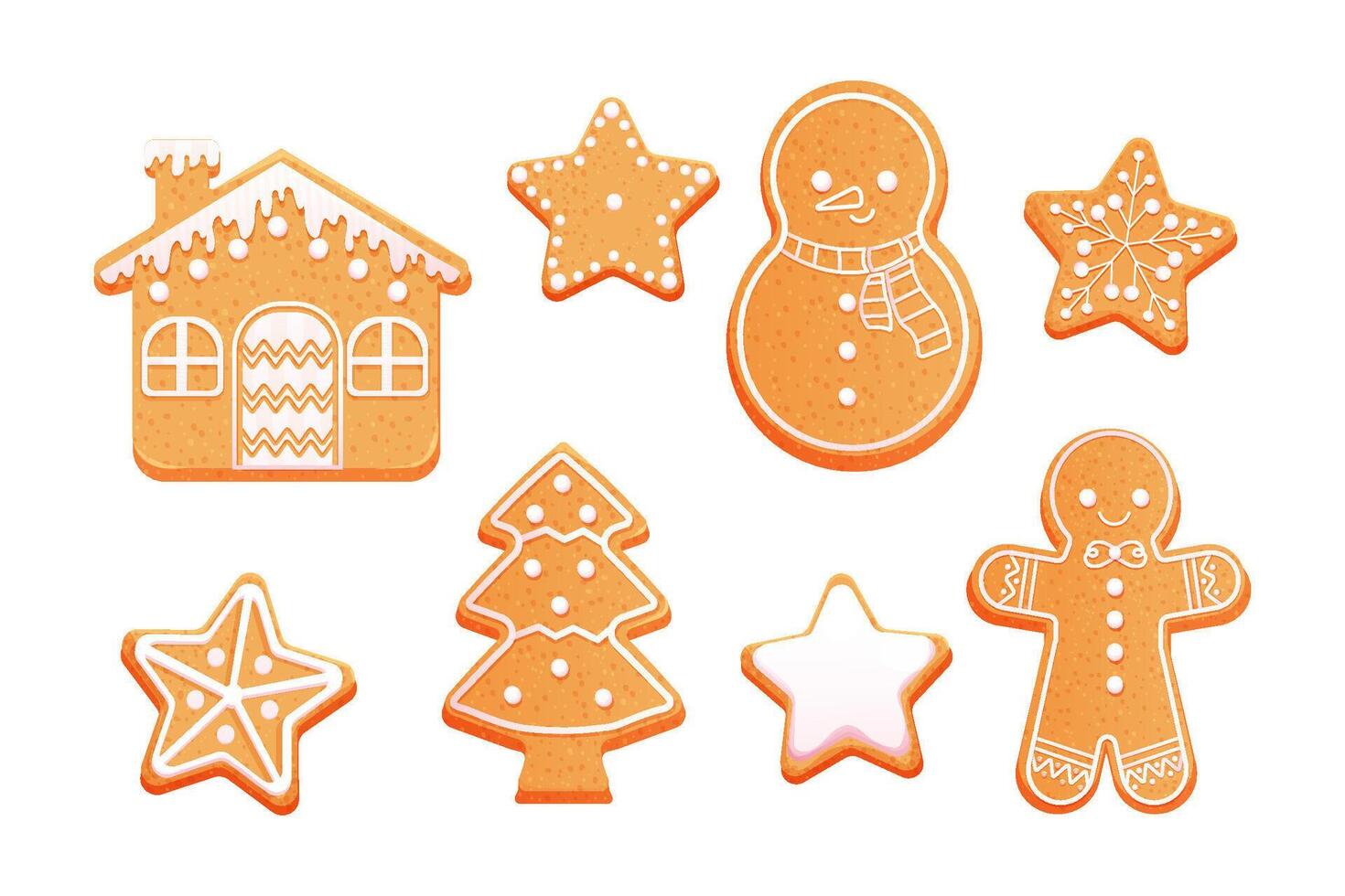 Gingerbread set cute snowman, man, stars, house and christmas tree with icing decoration, seasonal dessert, cookies in cartoon style isolated on white background. vector