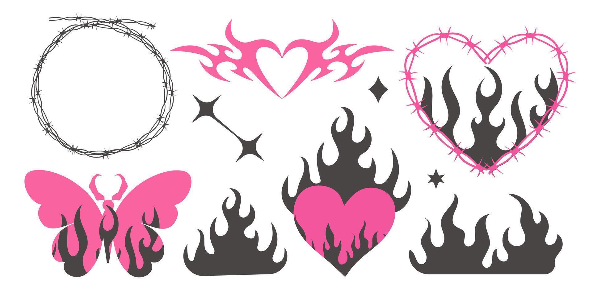 Set Barbed wired pink Heart with flame y2k gothic tattoo neo tribal, bytterfly punk isolated on white background. Retro 90s decoration, emo symbol. Love, romantic shape. vector