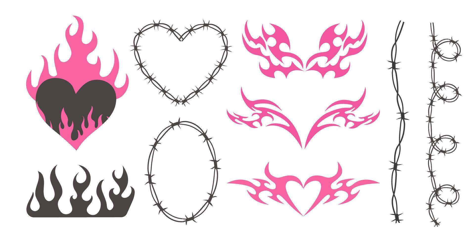 Neo tribal pink emo heart, wings and flame y2k aesthetic tattoo gothic, fire or wings abstract silhouette isolated on background. Divider, border, cyber body ornament, neotribal web goth decoration vector