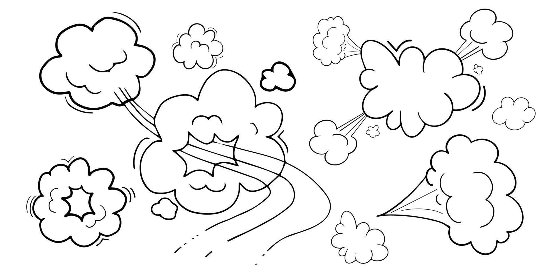 Comic speed motion effect, clouds way, trail set fast wind swirl, puff poof elements isolated on white background. Blow explosion vector