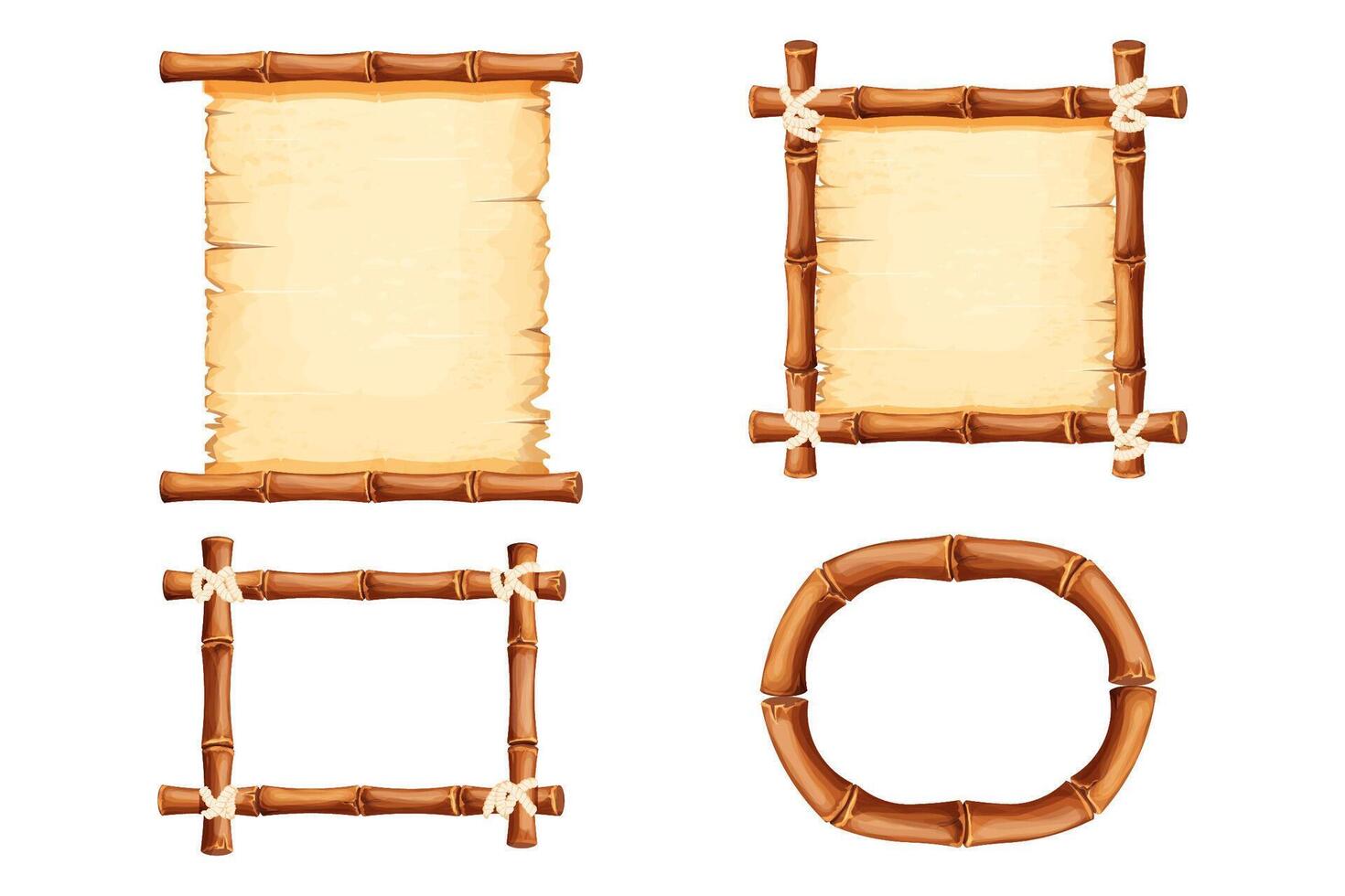 Set Bamboo frames with old parchment paper decorated with rope isolated on white background. Game ui board, sign vector