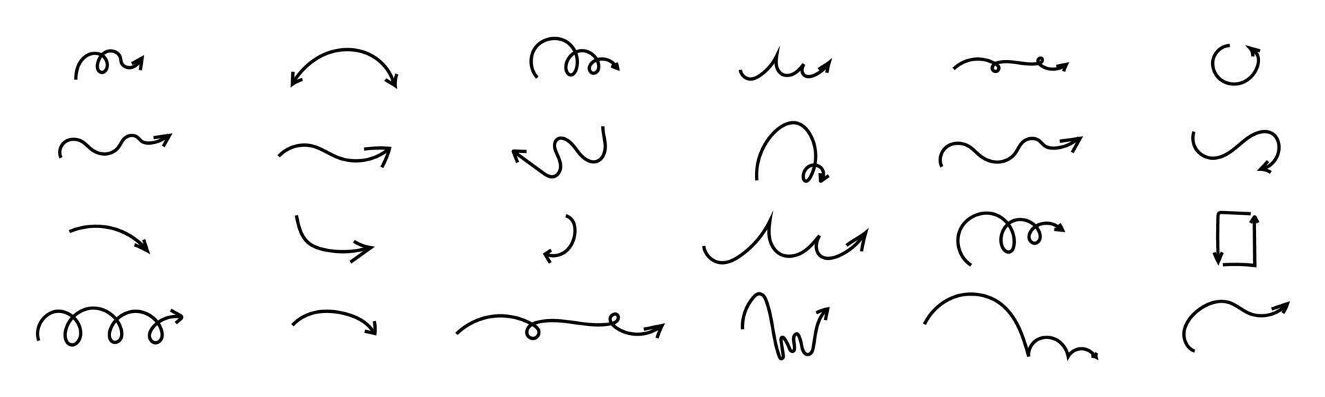 Spiral arrow doodle, wavy twist minimal squiggly line set. Curve comic turn way direction. Playful quirky simple free hand elements. vector