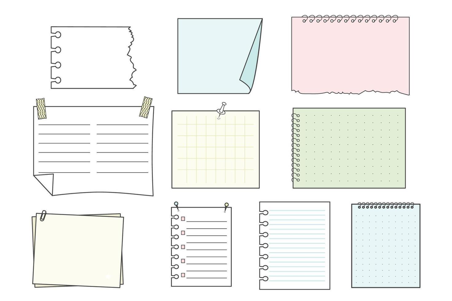 Memo sticky notes, sheet reminder, color office or school pages with tape, marks, pin, paperclip frames doodle style. Notebook bullet dairy list, funny retro drawing. vector