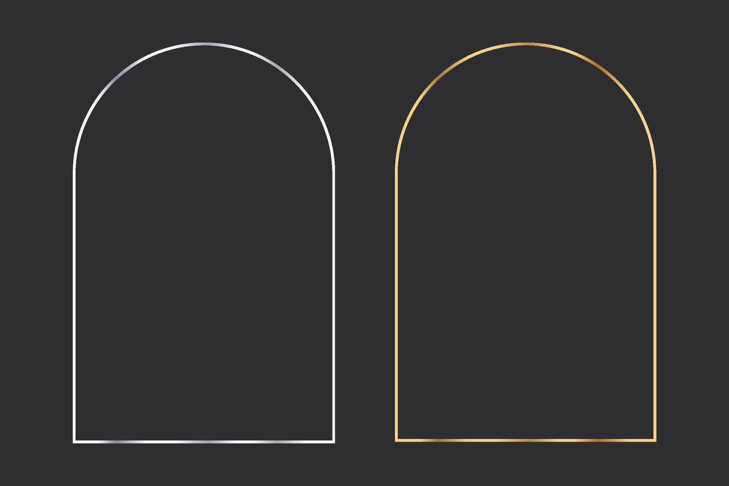 Thinline silver and gold elegant frame set. Minimal shine Art Deco metallic border. Arch decoration window or door, collection isolated on dark background vector