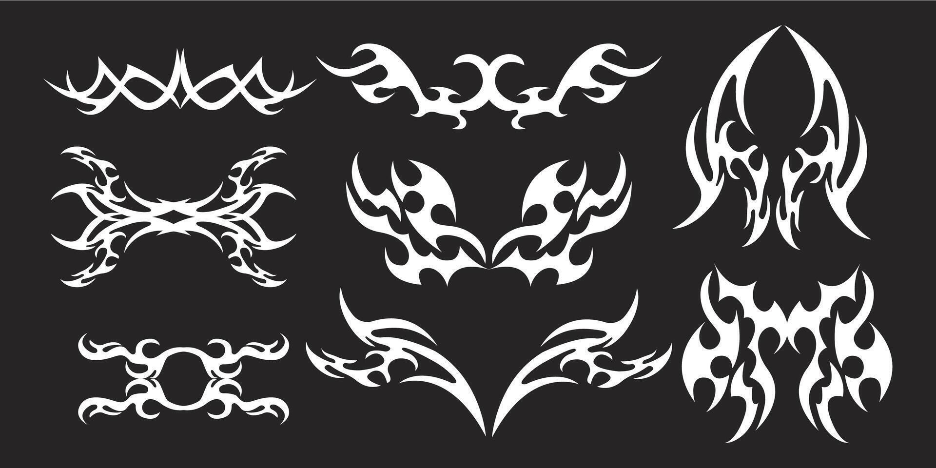Set Neotribal y2k aesthetic tattoo gothic cover, flame or wings abstract silhouette isolated on background. Divider, border, cyber body ornament, neotribal web goth decoration vector