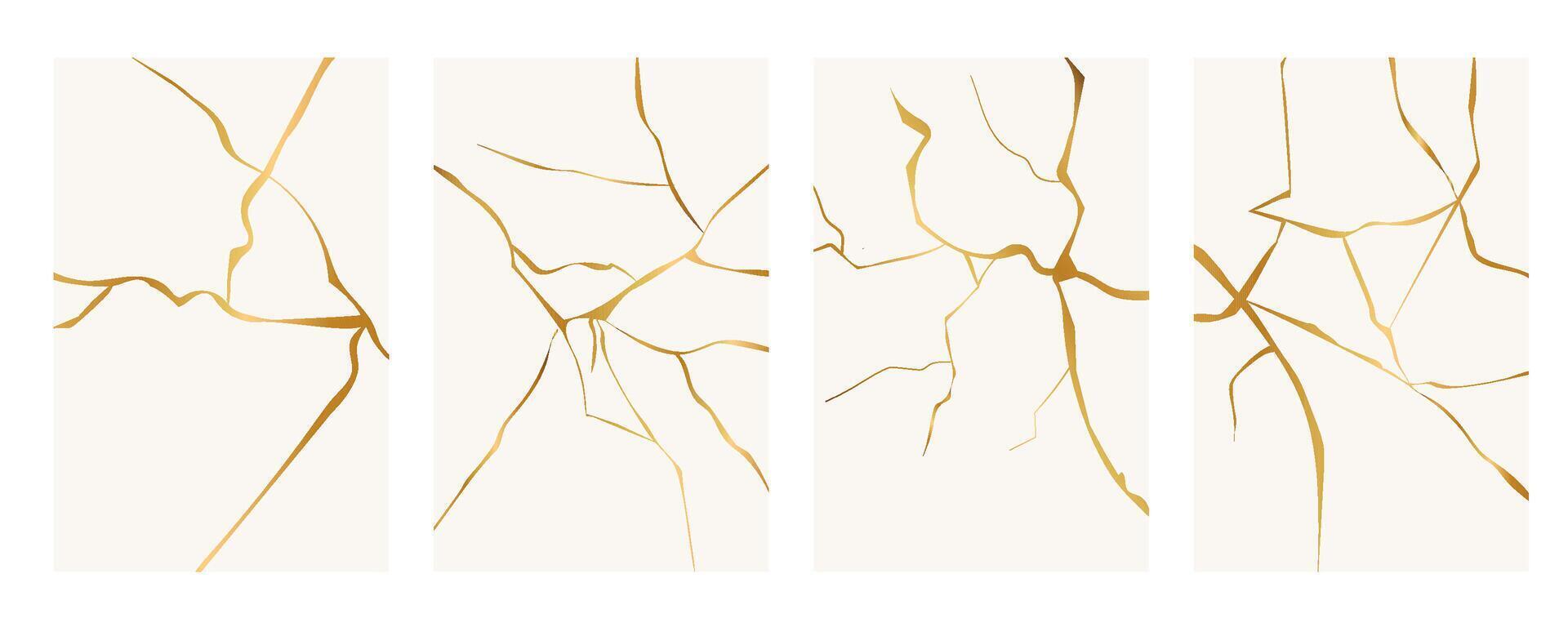Kintsugi gold simple break lines, asian geaometric crackle. Surface with crack print, effect. Moderm cover golden broken texture. vector