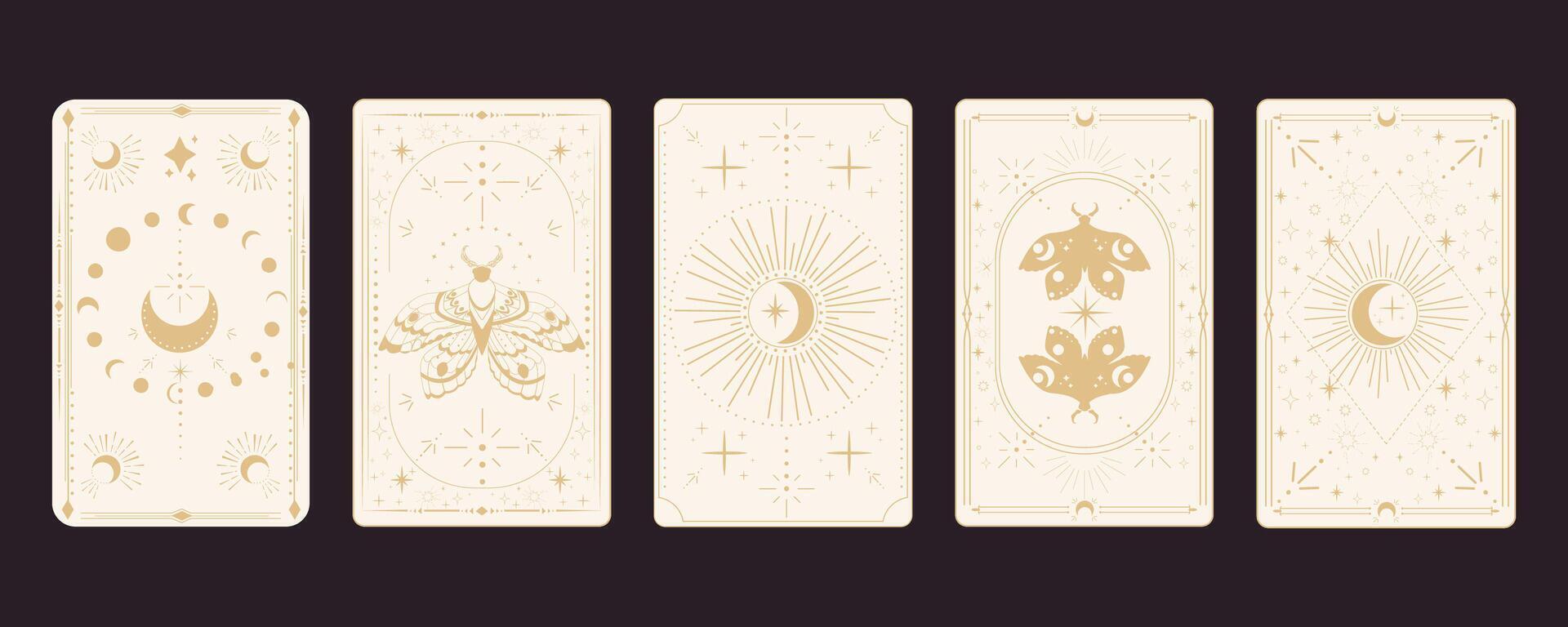 Tarot reverce border magic sacred cover card frame gold line border celelstial mystery esoteric decoration with moth stars and moon on dark background. vector