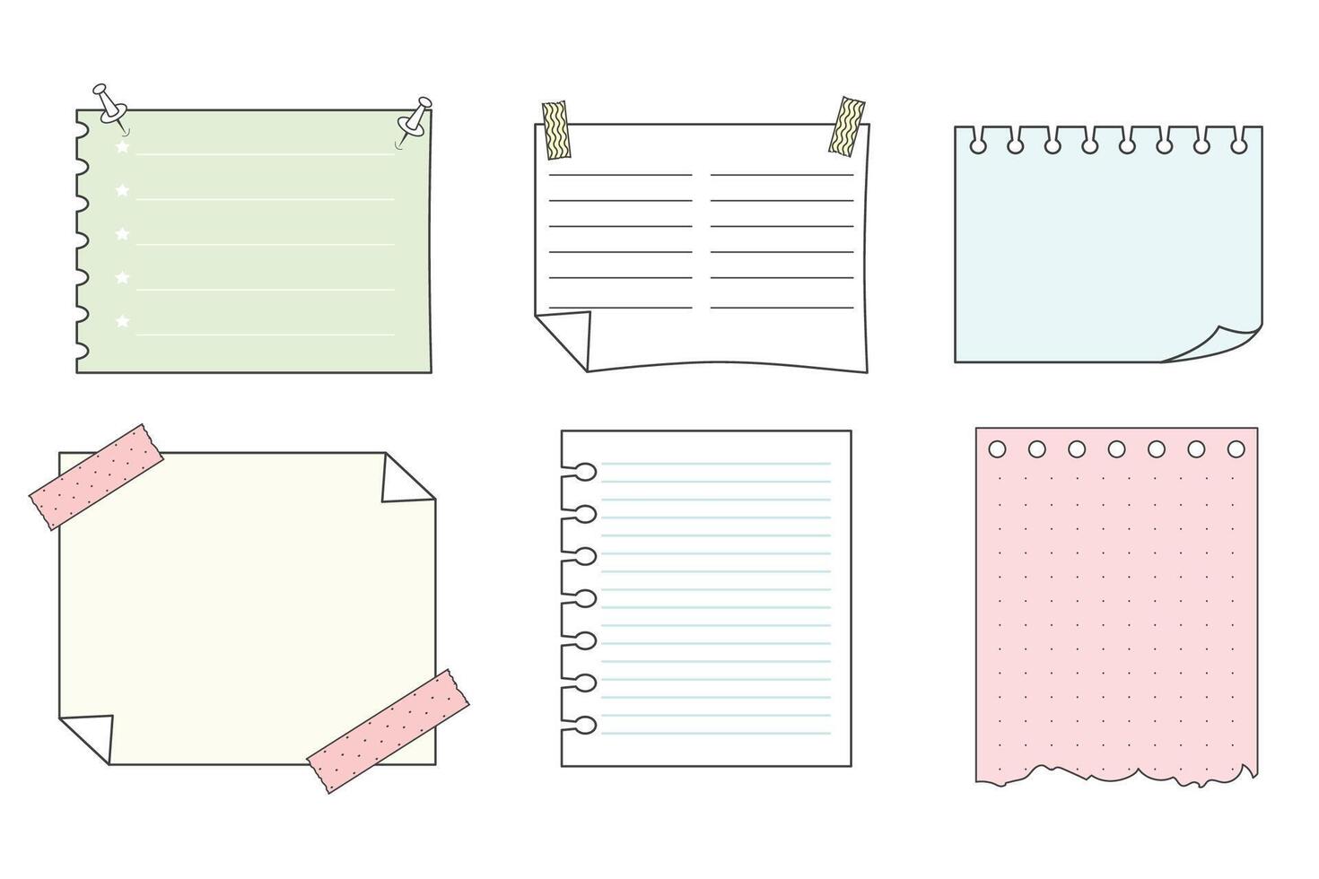 Memo sticky notes, sheet reminder, color office or school pages with tape, marks, pin, paperclip frames doodle style. Notebook bullet dairy list, funny retro drawing. vector