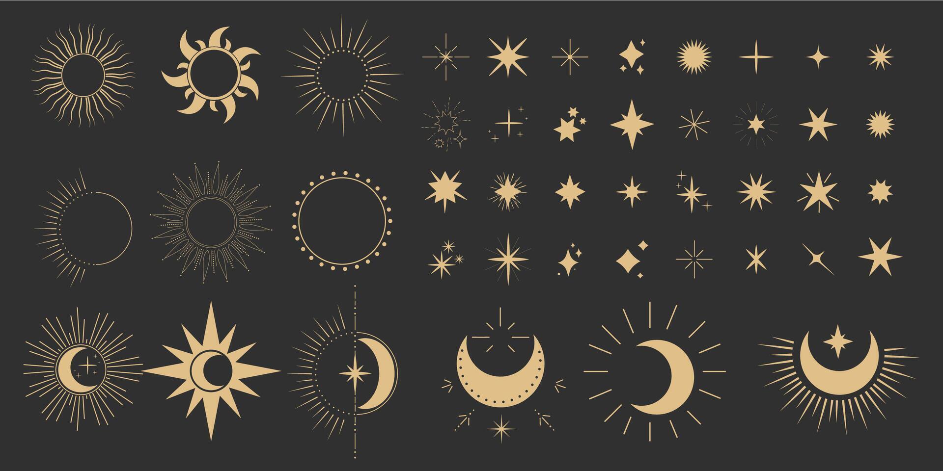 Set gold moon, sun and stars shine sparkle icon glare,light,blink star minimal shape, burst and rays golden decoration. Twinkle magic comic shine isolated on dark background. vector