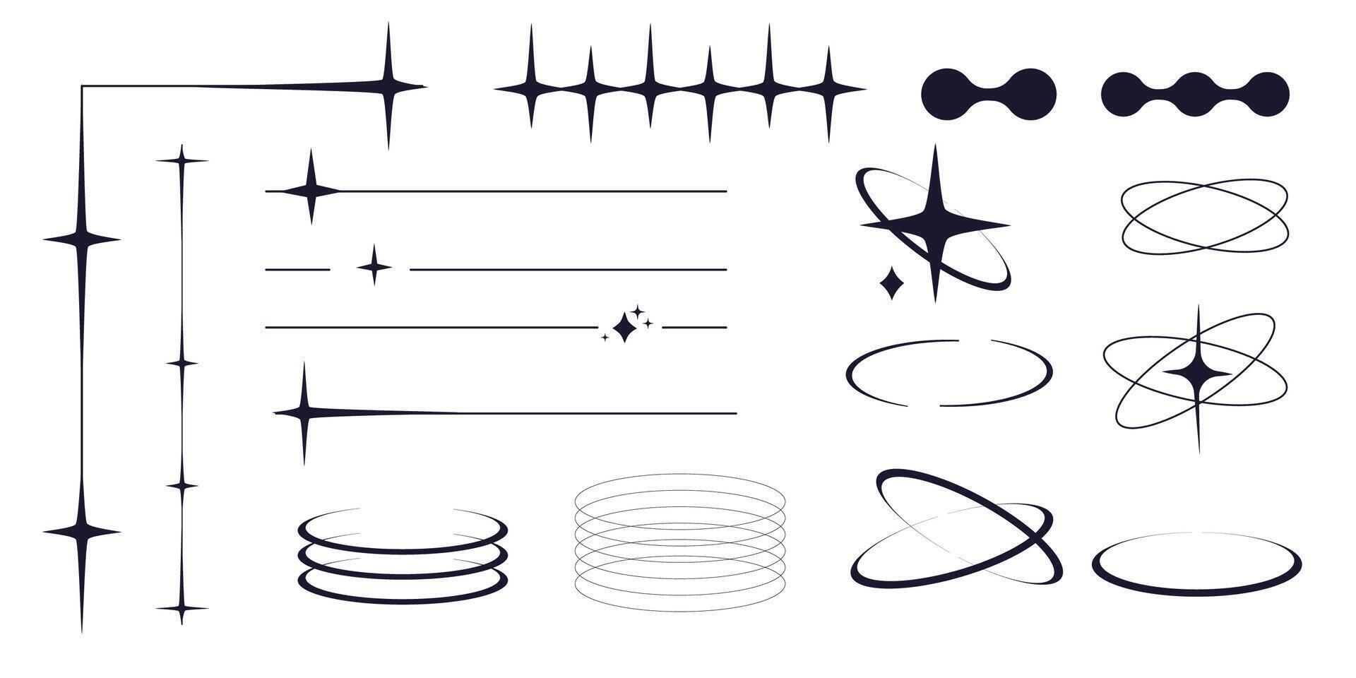 Set of y2k minimal geometric shapes thin line rings, abstract aesthetic element illustrated for banners, social media, poster design, sticker. Trendy design with frame, sparkles, star, lines vector