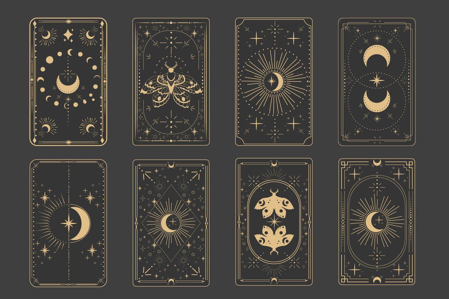 Tarot reverce border magic sacred cover card frame gold line border celelstial mystery esoteric decoration with moth stars and moon on dark background. vector