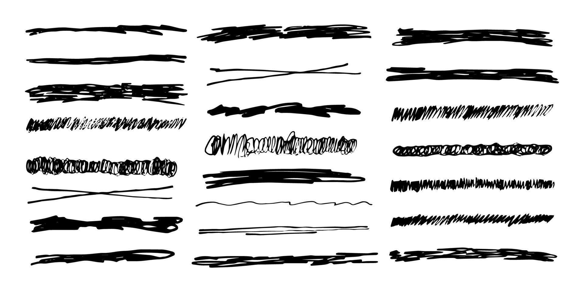 Underlines set brush stroke, marker lines grunge curve, wavy free hand marks textured simple borders strikethrough isolated on white background. Creative collection scribble brush or crayon checks vector