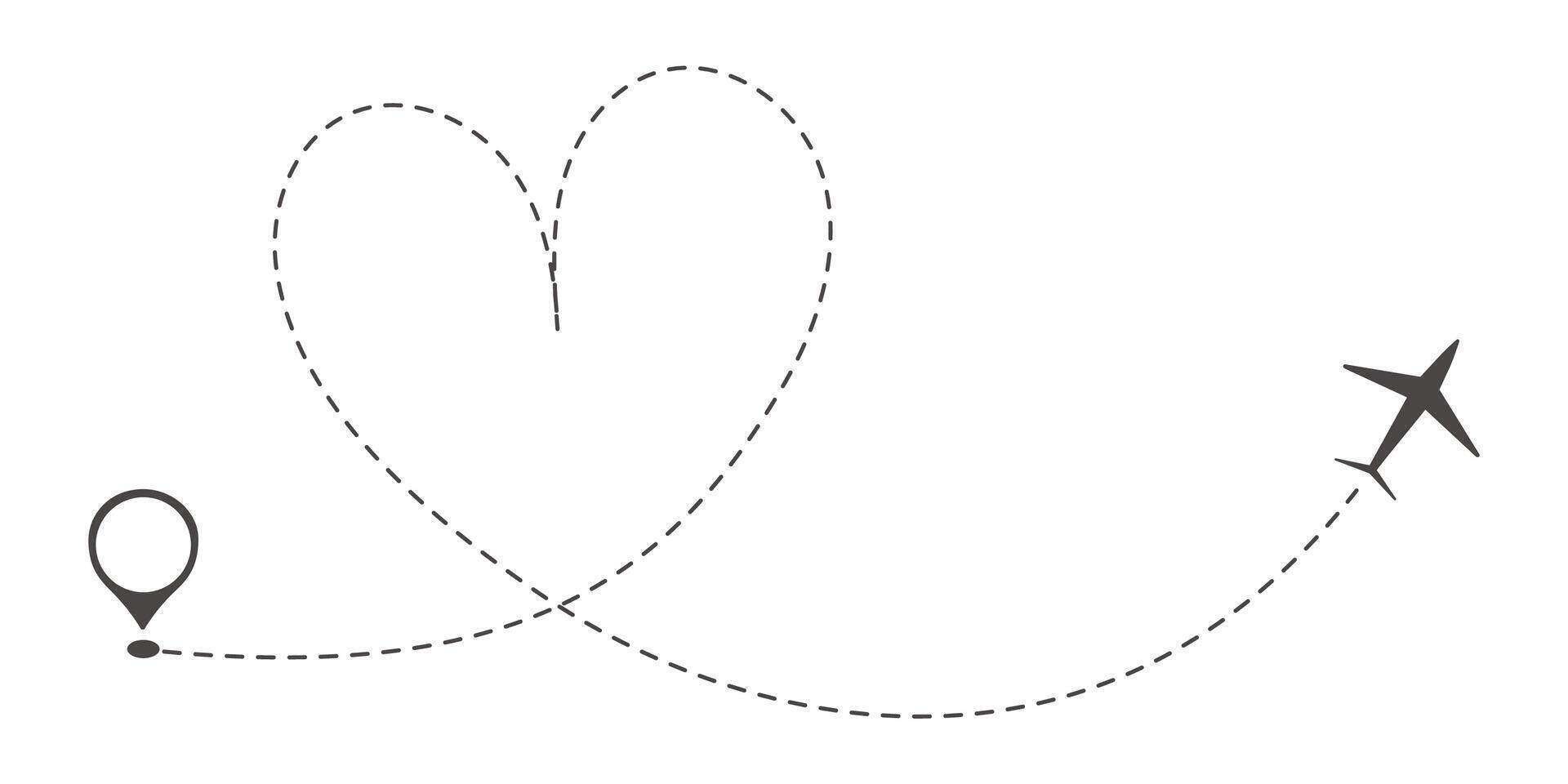 Itinerary dashed trace heart shape, line airplane flight, dotted path, romantic aircraft tracking simple minimal trip isolated on white background. Plan with start point. Tattoo vector