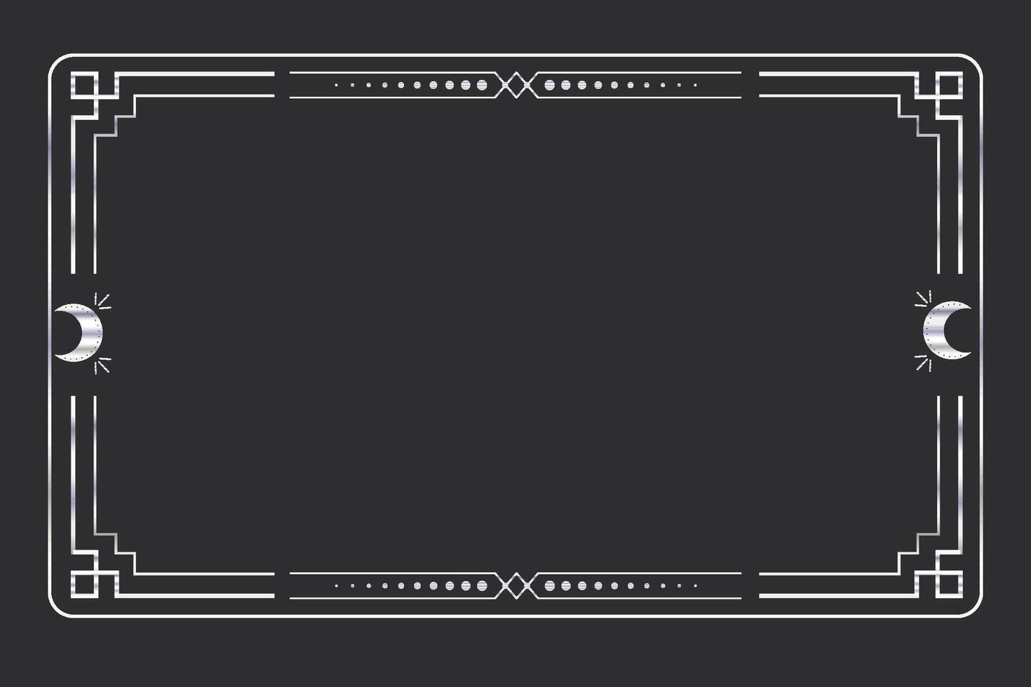 Silver celestial minimal esoteric frame, thin line border, mystyc linear decoration with dots, moon, stars corners isolated on dark background. Geometric shape, tarrot vector