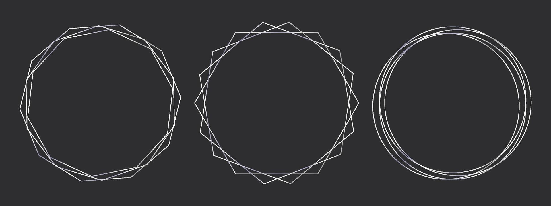 Thinline silver elegant frame Minimal shine Art Deco metallic border. Steel circle decoration collection isolated on dark background. illustration vector