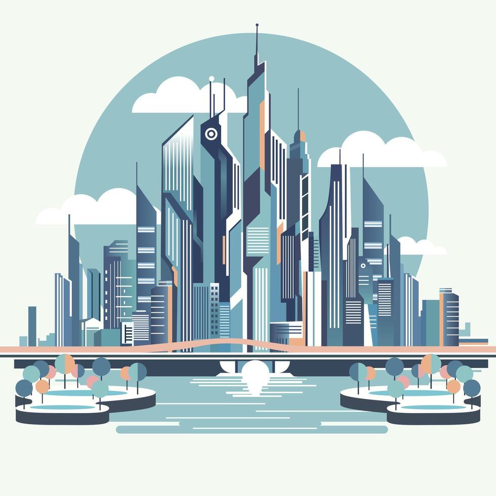 abstract futuristic city skyline, future city background, retro illustration, flat illustration vector
