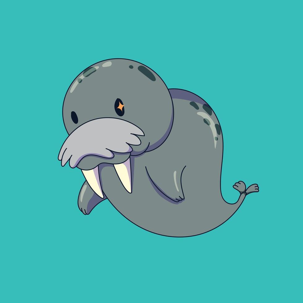 a cartoon drawing of a gray cute walrus. vector