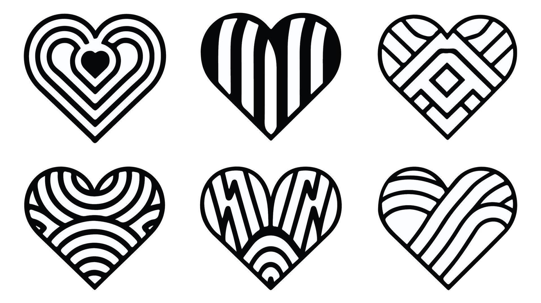 set of black and white abstract heart shapes illustration vector
