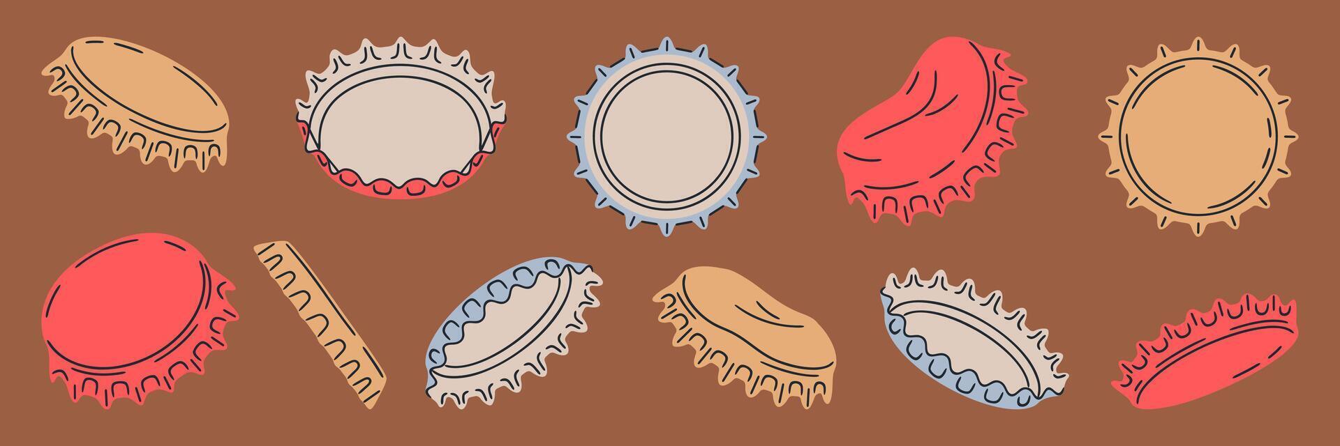 Metallic bottle caps. Beer, soda or lemonade glassware bottle cap, metallic lid for glass container with refreshing beverages flat illustration set. Hand drawn metal caps vector