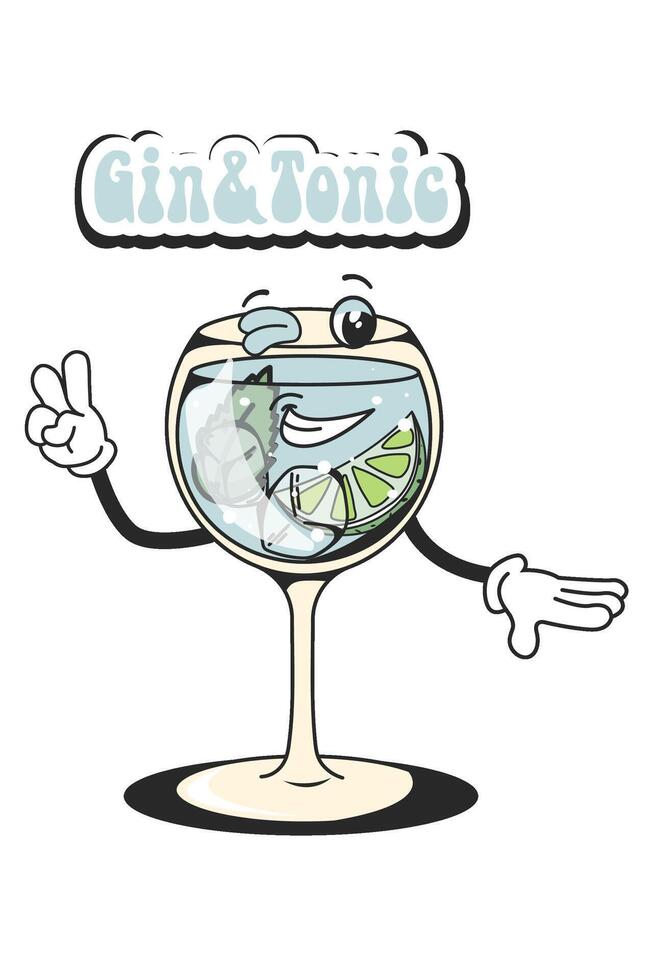 Gin Tonic retro cocktail set in groovy style. Quirky character from the 60's in a modern style. Vintage design vector
