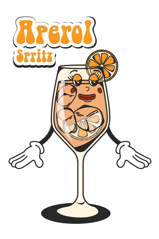 Aperol spritz retro cocktail in groovy style. Quirky character from the 60's in a modern style. Vintage design vector