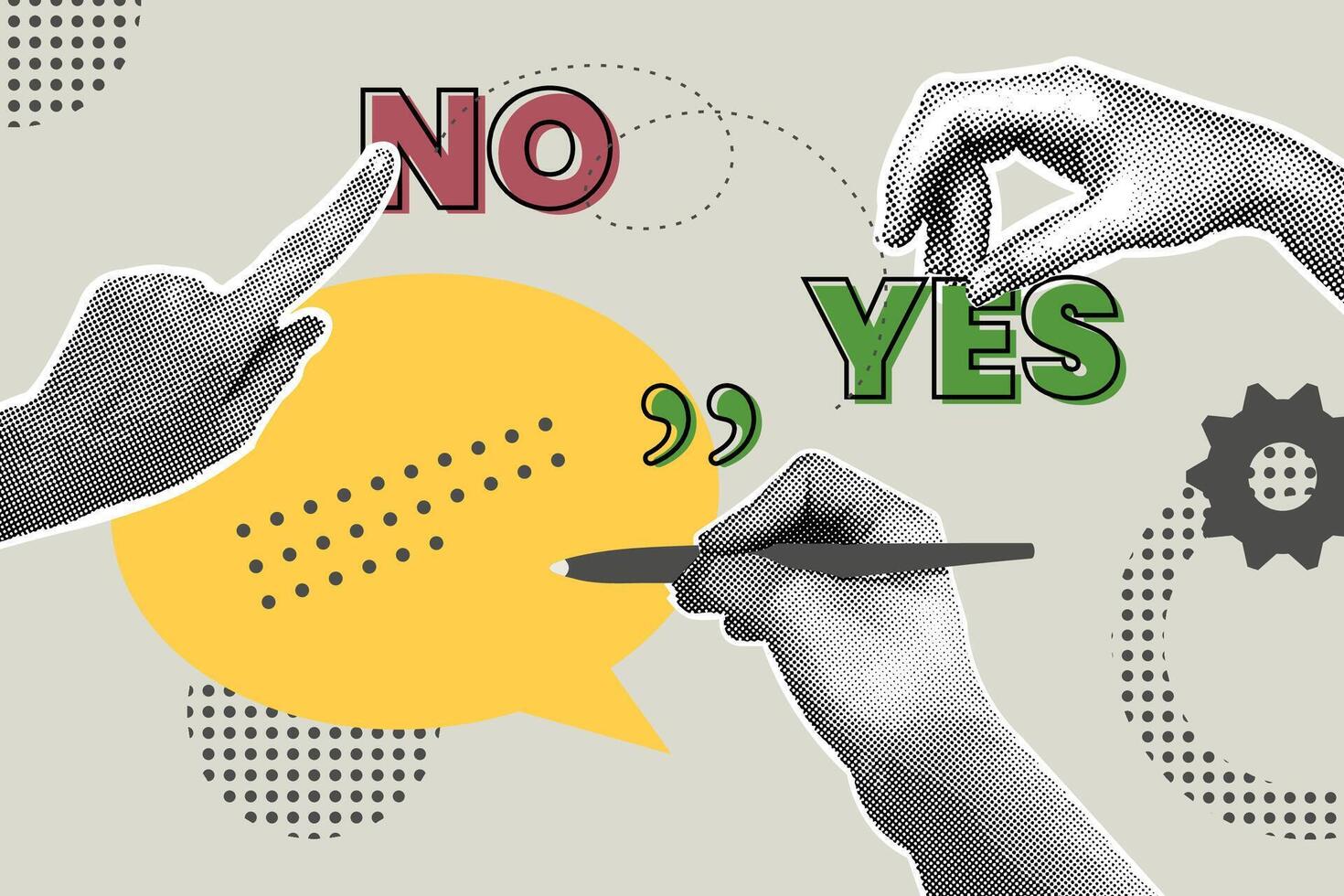 Trendy halftone business concept collage. Illustration of planning, positive and negative decision, research, business report.Yes, no. illustration of web banner, social media banner vector