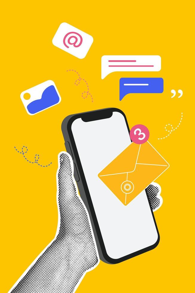Fashionable halftones collage business concept. Concept of communication, sharing information, using phone. Trendy modern retro illustration in bright trendy colors. Business concept vector