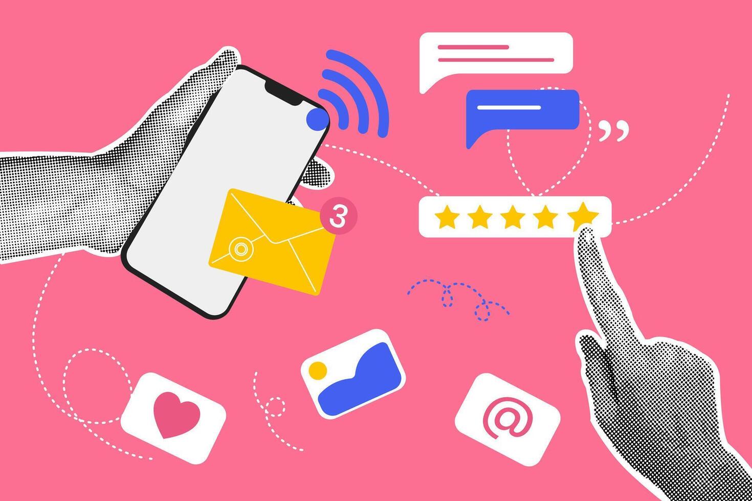Trendy halftone collage. Concept of using wifi,communication, quality assessment. Concept of business, online communication, shopping, career. Trendy modern retro illustration in bright trendy colors vector
