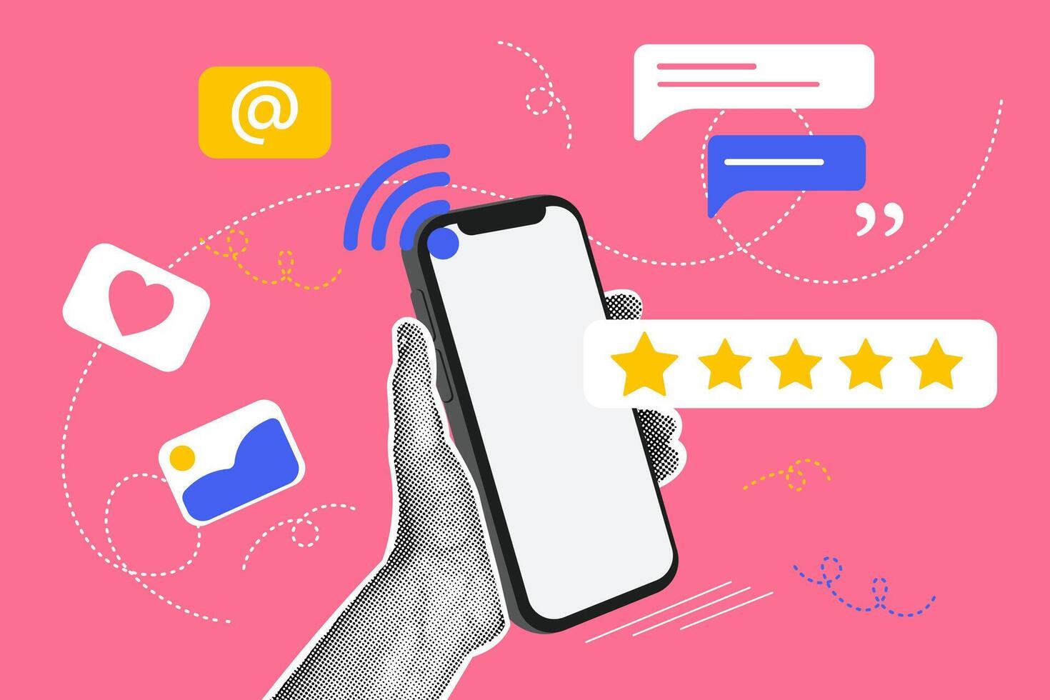 Trendy halftone collage. Concept of using wifi,communication,mail,quality assessment. Concept of business, online communication, shopping, career. Trendy modern retro vector