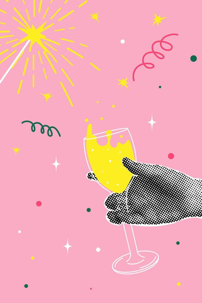 Half-tone collage. Holiday concept, cheerfulness. Human hands holding a champagne glass. illustration for greeting card, invitation, web banner, social media banner, marketing material. vector