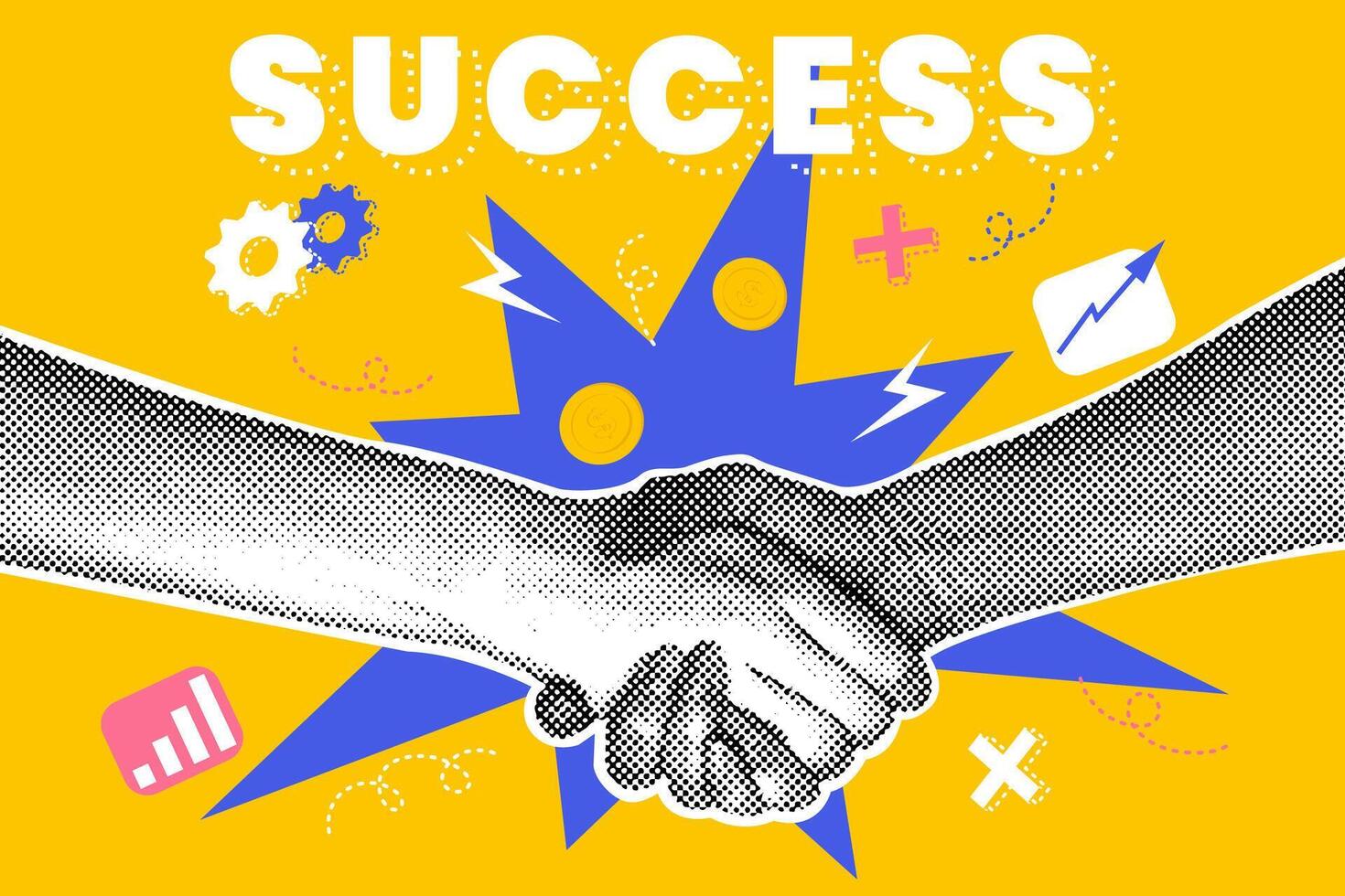 Fashionable halftones collage business concept. Contracting concept, contracting, favorable terms and conditions. Trendy modern retro illustration on business theme. Business concept, teamwork vector
