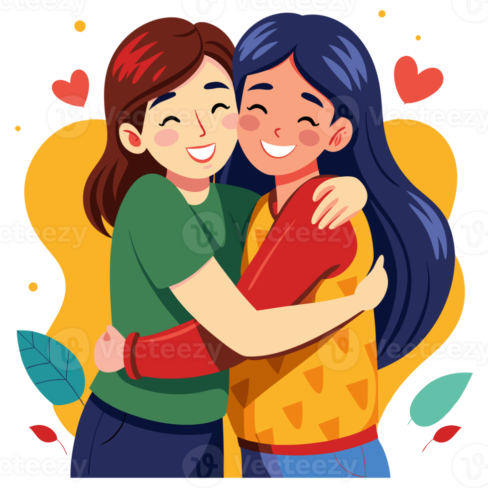 two women hugging each other, cartoon style png